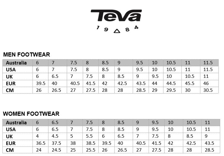 teva hurricane size chart